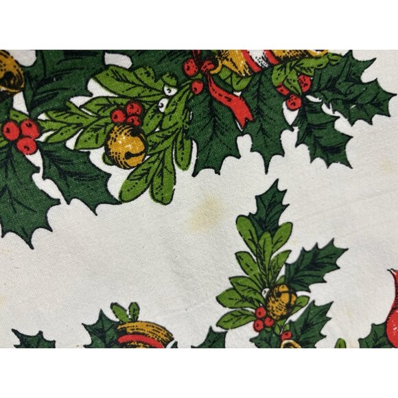 Vintage Christmas Printed Tablecloth Red Bows Ribbons Polka Dots 1950s Red Green - Picture 11 of 16